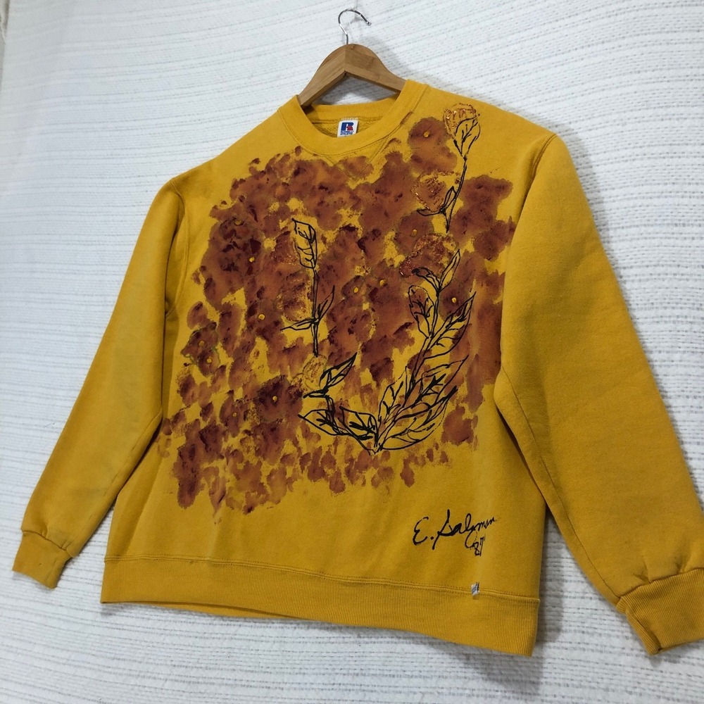 Russell Athletic Yellow‎ Crewneck Sweatshirt with Abstract Floral Art E. Halyman